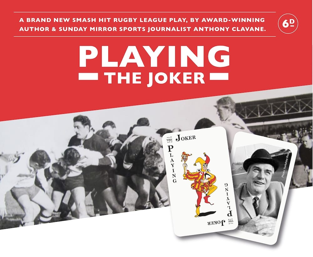 Playing the joker. Cards with a joker and Eddie Waring on imposed over a black and white photo of rugby players