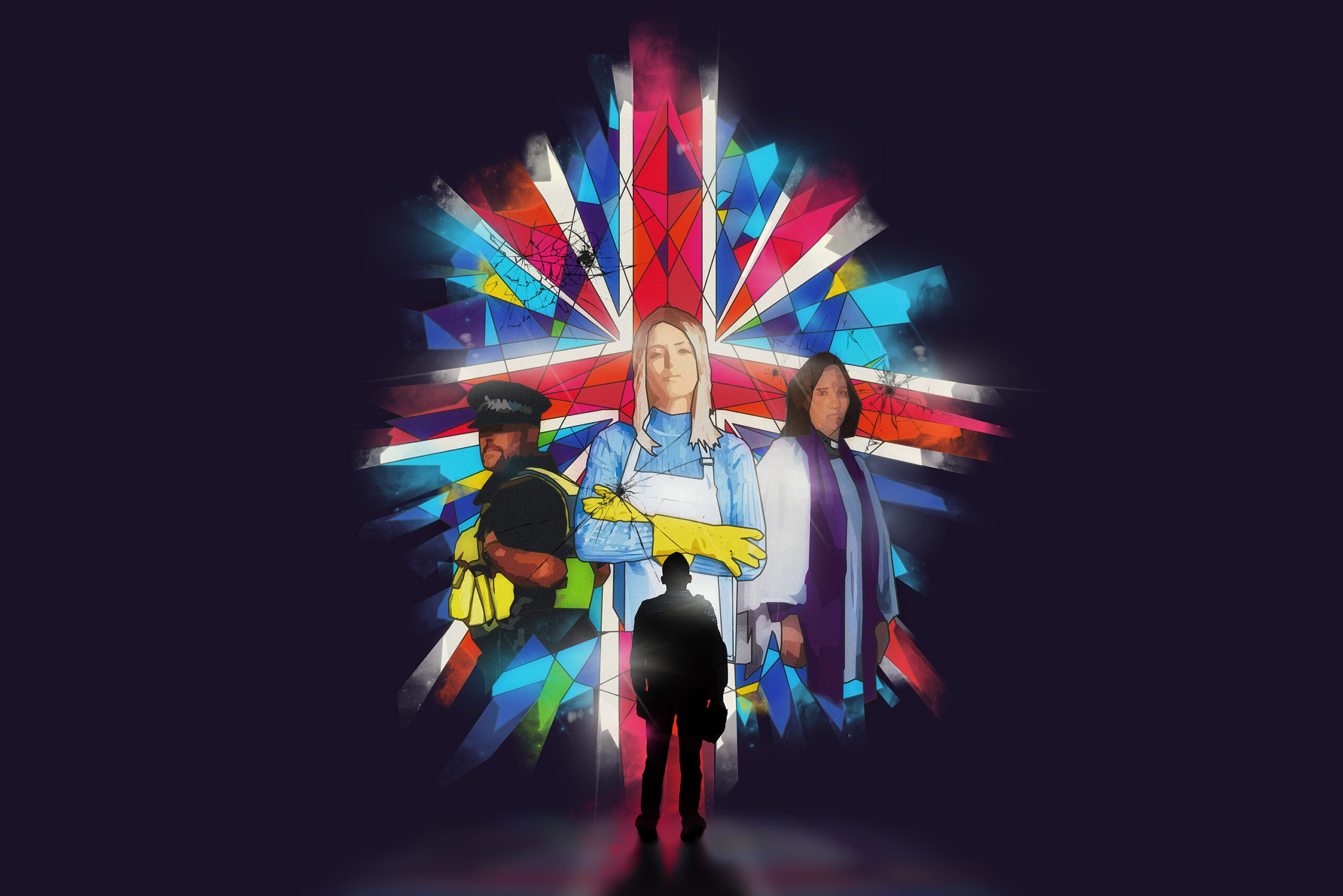 A stained glass window depicting a police man on the left looking over his shoulder, on the other side a female vicar looking and young woman in the middle with her arms closed dressed to clean. Looking up at the window is the small silhouette of a man