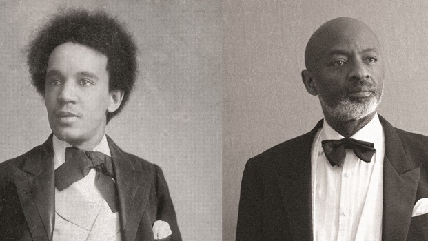 Two men in evening wear, one a period photo, the other an actor in role. Along the bottom are bullets