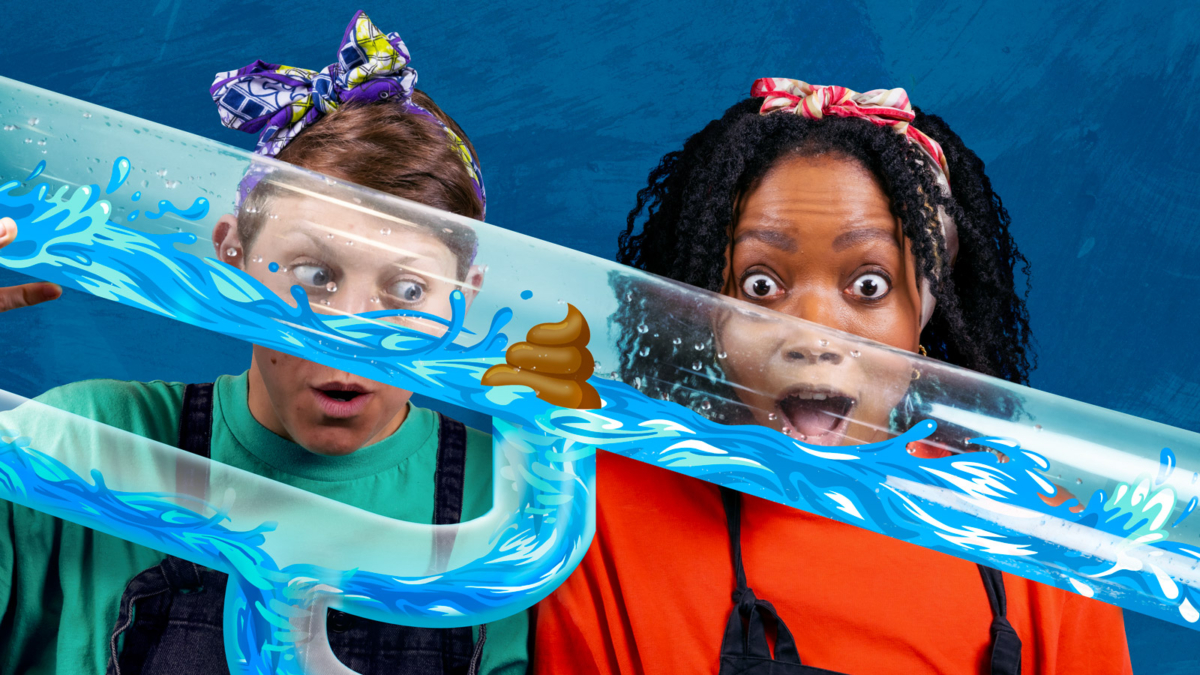 Two people behind an animated transparent pipe with a poo floating down it