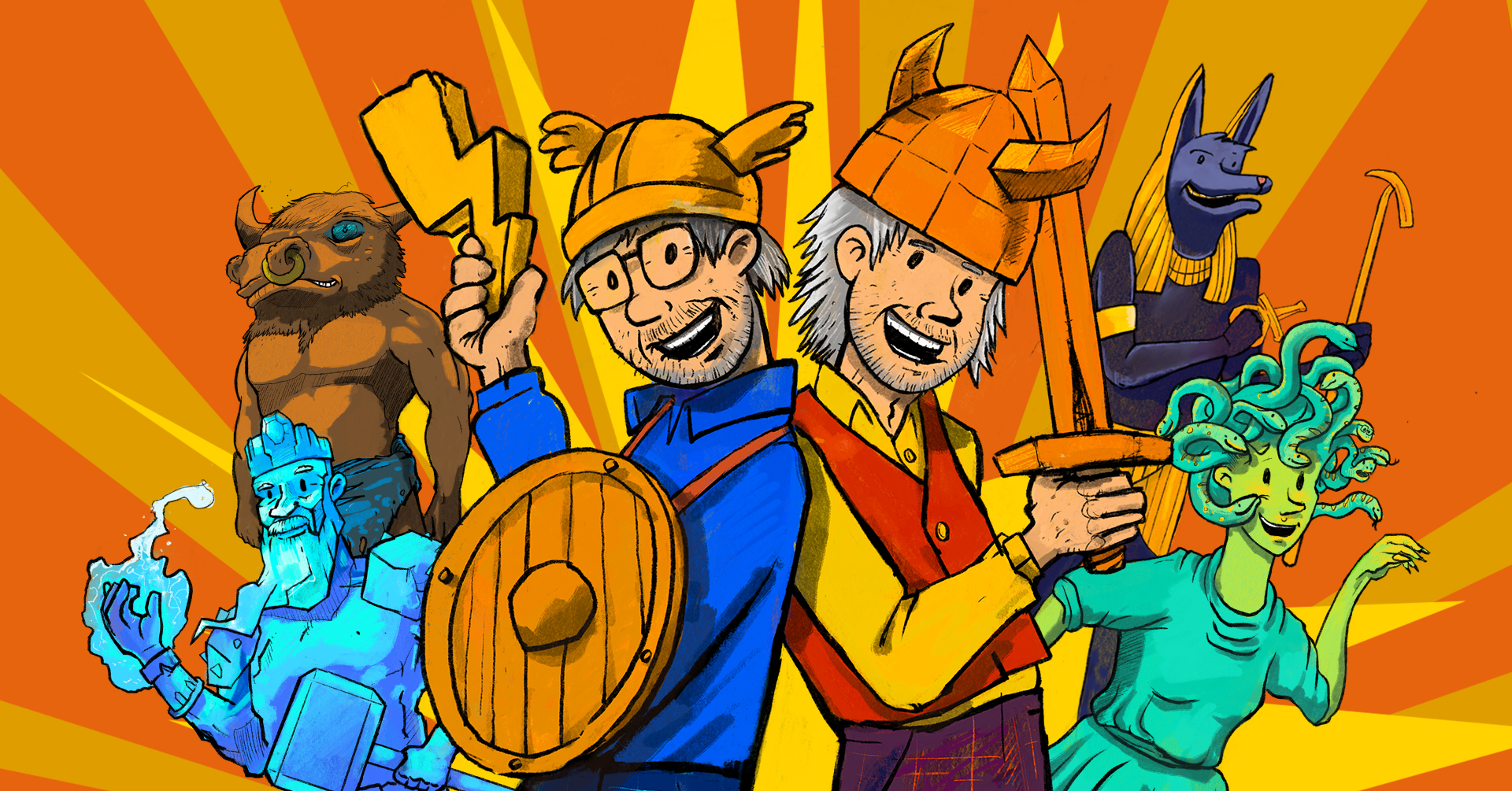 Cartoon vikings with lightning bolts behind