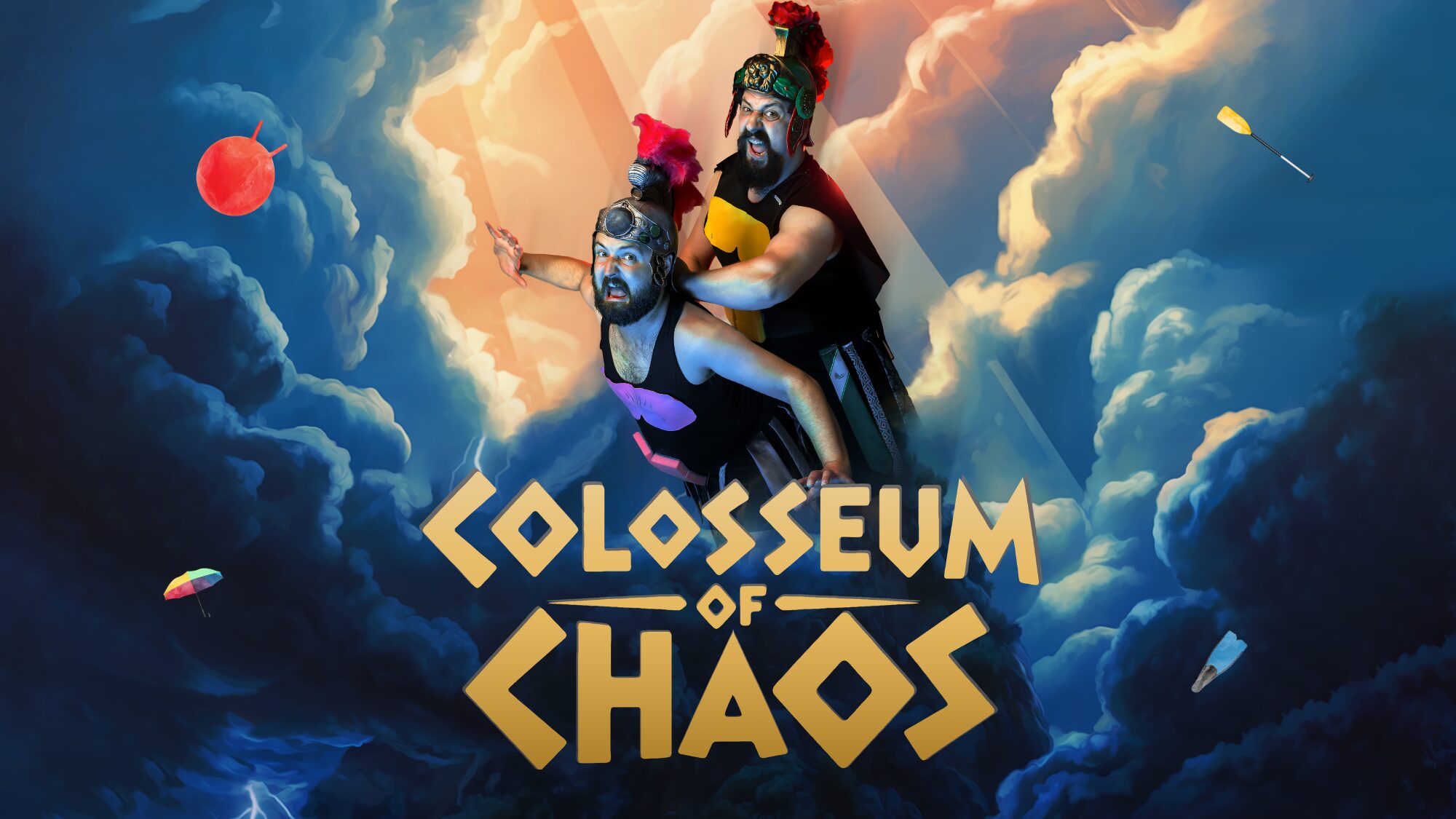 A makeshift gladiator on another's back with clouds behind