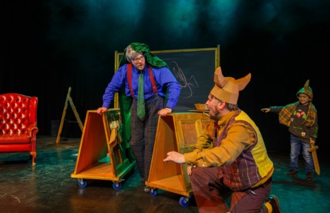 Two men telling a myth in cardboard armour