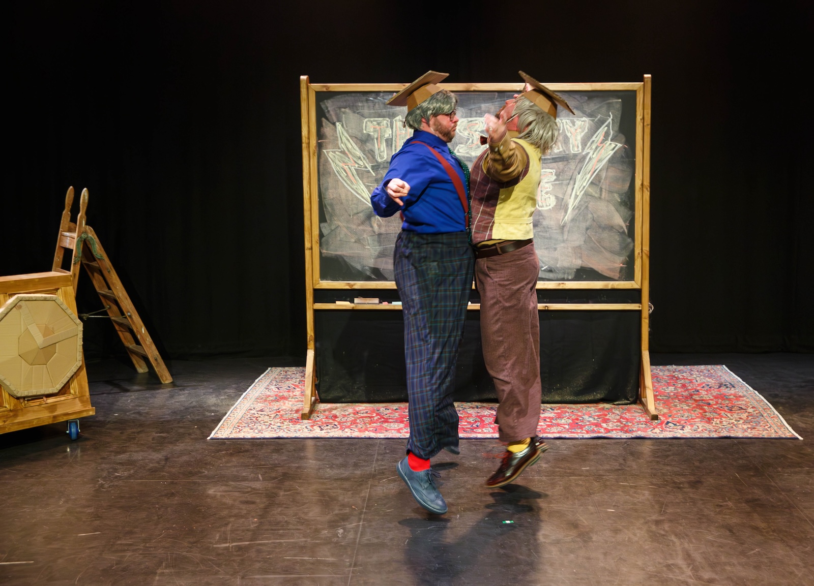 Two men belly bumping in mid air