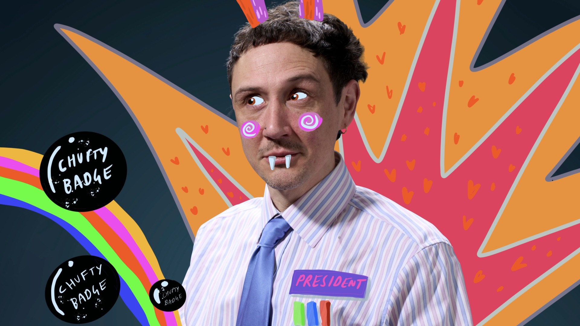 Scott with drawn on fangs, rabbit ears and googly eyes with a cartoon bang background
