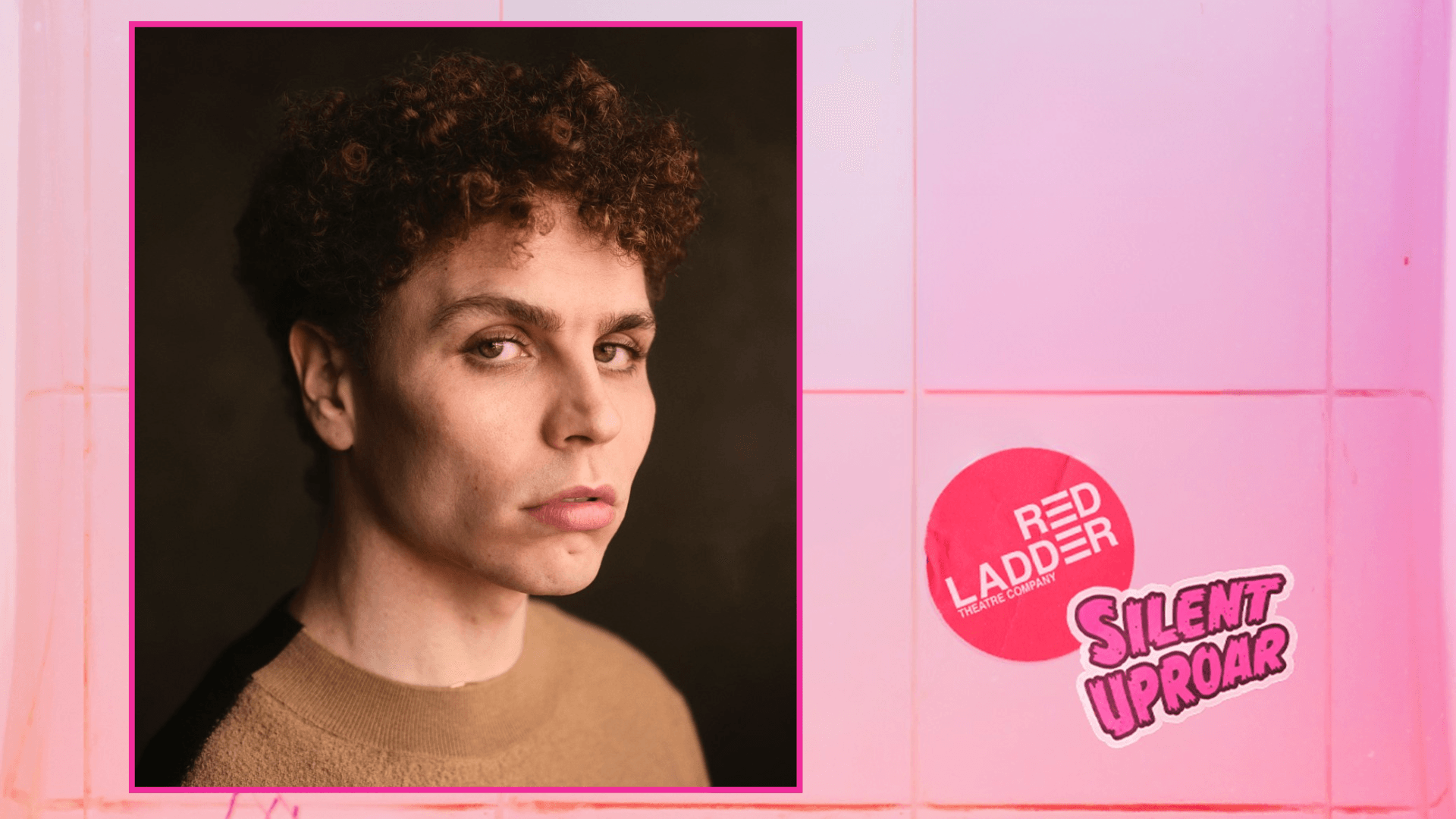 Stefan looking serious in a photo on a backround of neon pink toilet tiles