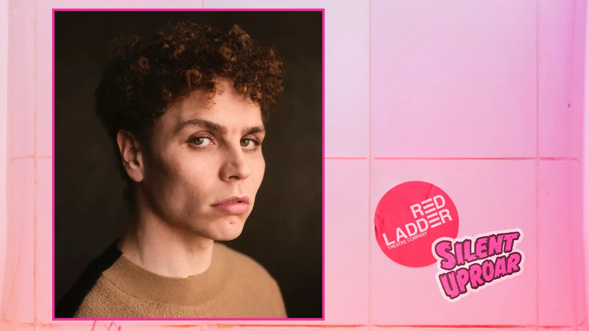 Stefan looking serious in a photo on a backround of neon pink toilet tiles