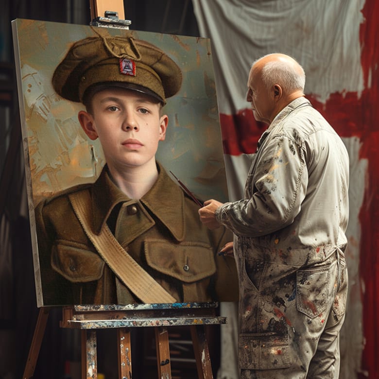 A man staring at a painting of a young boy in WW1 uniform. An England flag hangs from a wall behind them both.