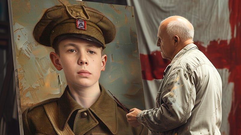 A man staring at a painting of a young boy in WW1 uniform. An England flag hangs from a wall behind them both.